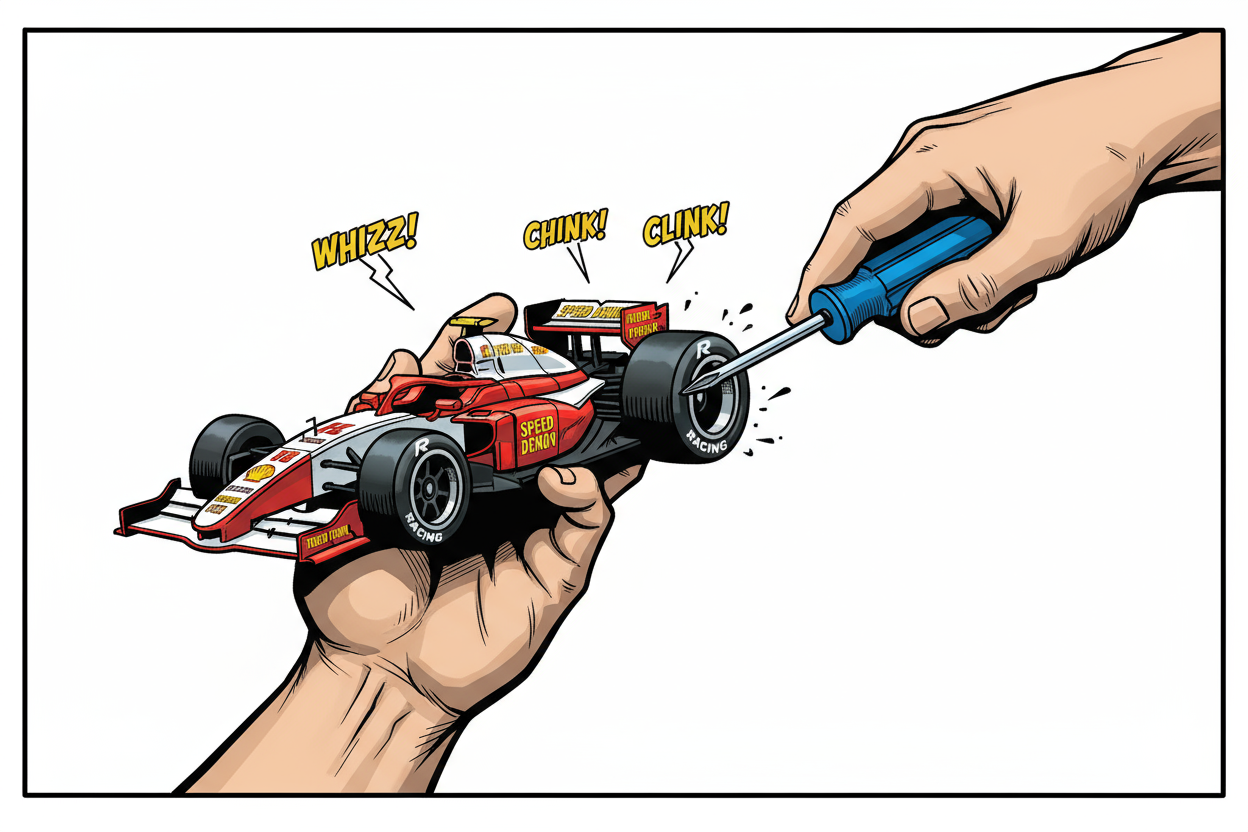 ein kleines formel 1 auto was mit einer hand gehalten wird und mit einer anderen hand und einem schraubenzieher ein reifen angeschraubt bekommt. hintergrund weiß und alles soll im comic style sein
